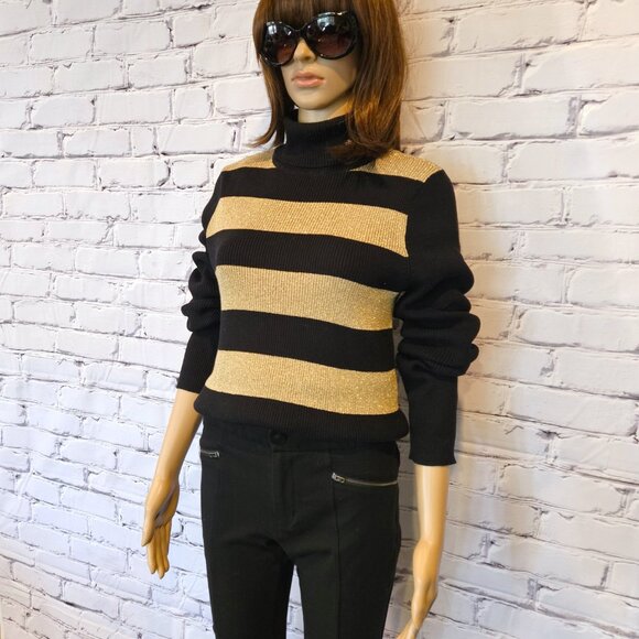 Lauren by Ralph Lauren - Black & gold long sleeve striped turtleneck sweater - Picture 6 of 12
